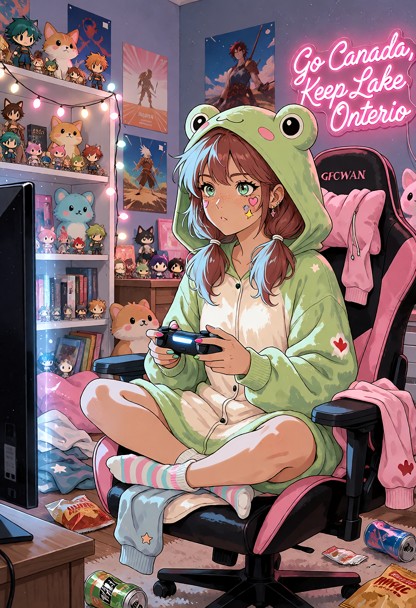A moody, atmospheric photograph of a woman sitting cross-legged in a plush gaming chair, wearing her loose oversized …