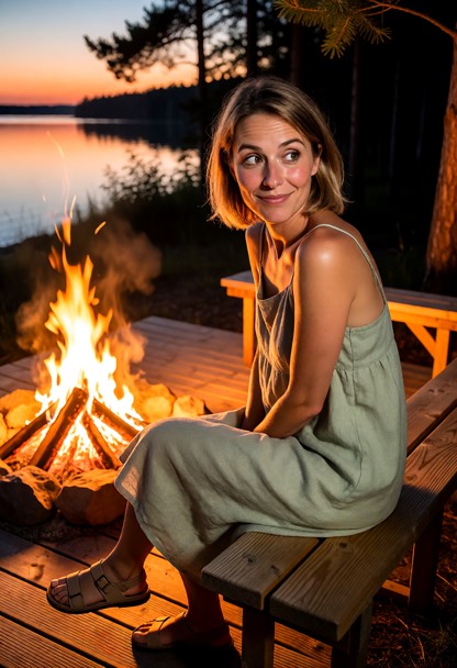 Location: twilight at the lakeside campsite, where the fading orange dusk meets the vibrant, flickering amber glow of…