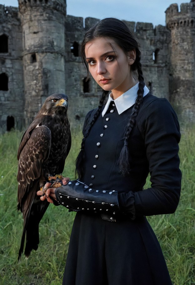 a professional female falconer standing outdoors in front of a majestic castle ruin,holding a beautiful hawk on her g…