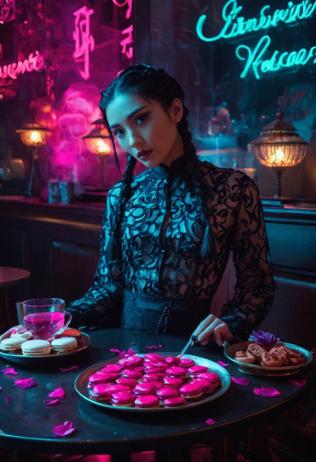 a wide-angle cinematic masterwork of an exotic asian neon-lit cafe. in
the center,a long,massive dark mahogany table…