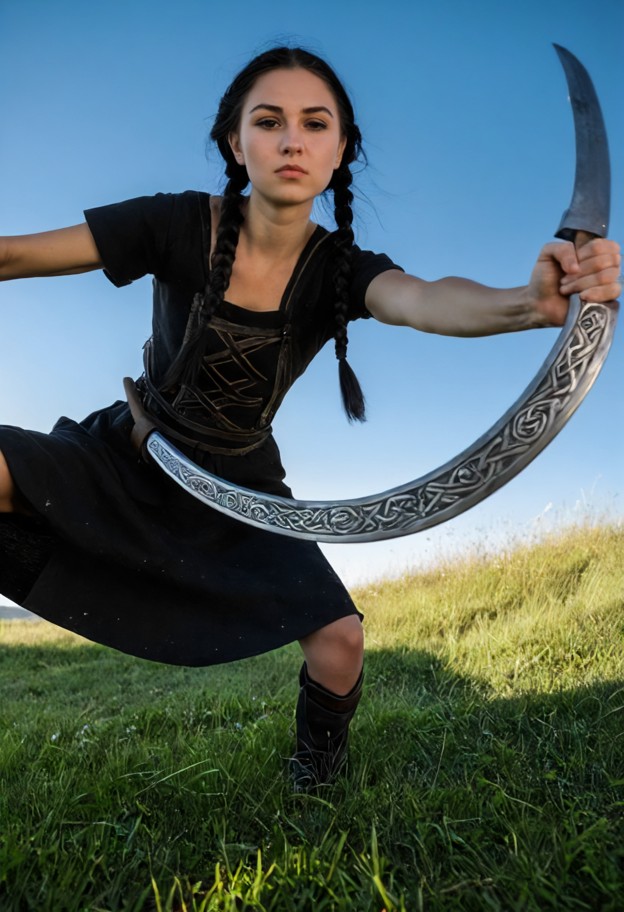 extreme
 wide shot of a female blacksmith on a grassy hill,swinging a [huge 
two-handed claymore] in a wide horizonta…