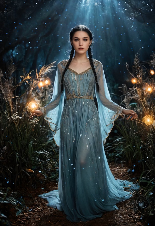 fantasy
 realism,full body shot,head-to-toe view of an elegant woman with an 
ethereal silhouette,standing in an ench…