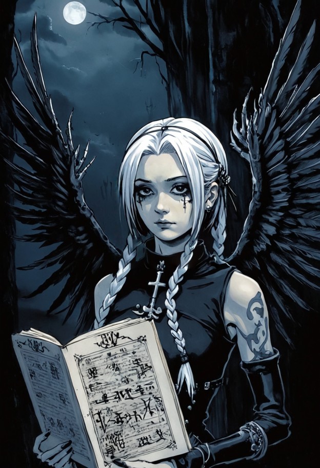 a hauntingly beautiful female shinigami in the dark,gothic art style of death note. she has pale,porcelain skin,long …
