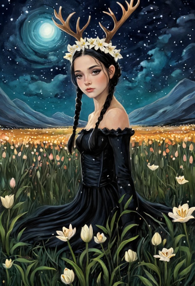enchanting illustration of a small girl in a flower crown perched on the
broad back of a huge,magical stag. the stag…