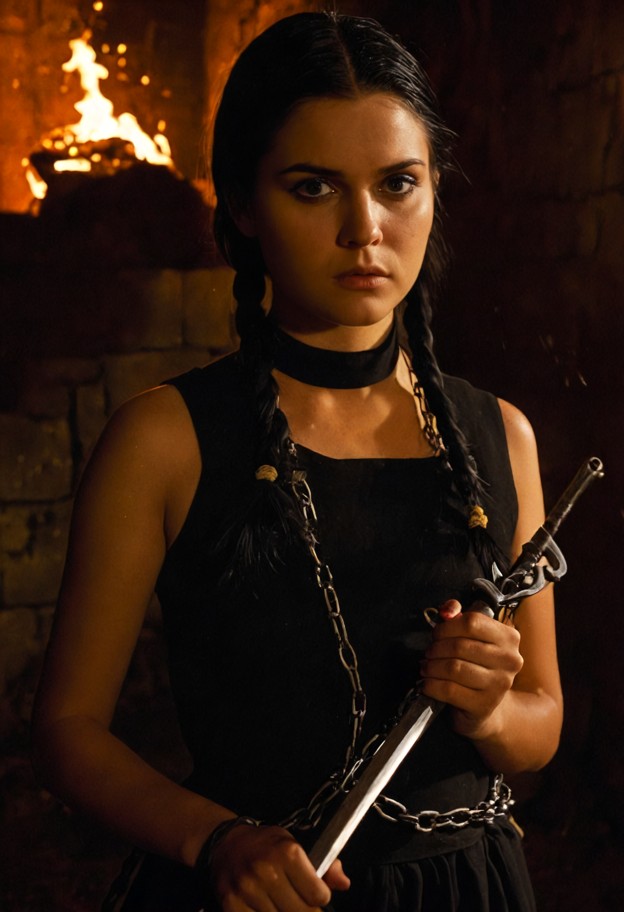 cinematic wide shot,1970s grindhouse aesthetic,a female warrior in a
dark forge holding a [deadly kusarigama with a …