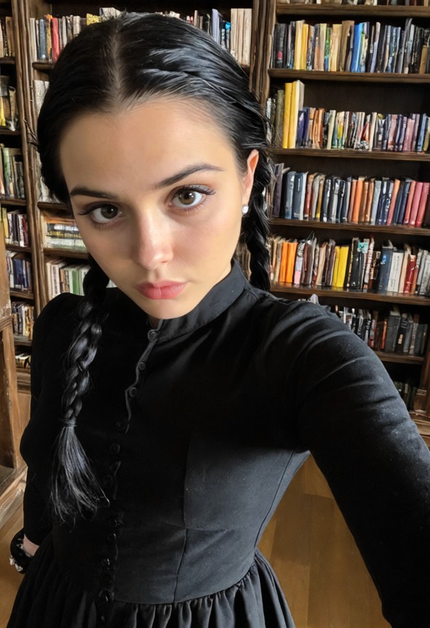 1girl,black dress,black hair,library,table,bookshelves,standing,gloves,selfie closeup