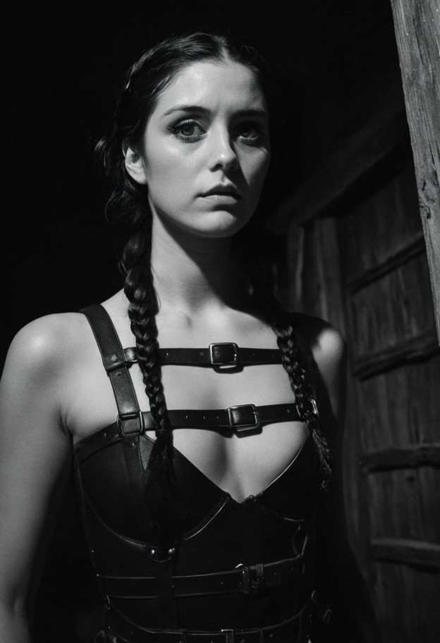 low-angle worm's-eye view in a dark,gritty basement. a defiant woman is bound to a heavy wooden and metal trestle (sh…