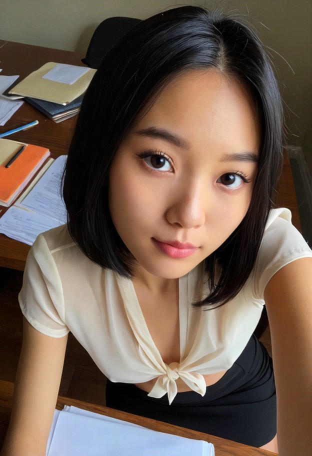 1girl leaning forward,cream silk blouse,black pencil skirt,dimly lit study,dark oak desk,scattered papers,elbows rest…