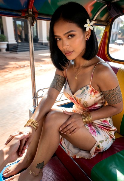 Location: sun-drenched outdoor street in front of a luxury hotel, with dusty pavement and the bright, harsh morning l…