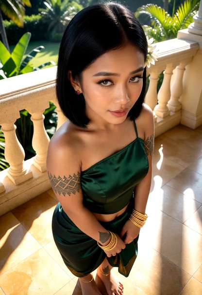 Location: bright morning on a sunlit hotel terrace overlooking lush tropical gardens, with warm sunlight reflecting o…