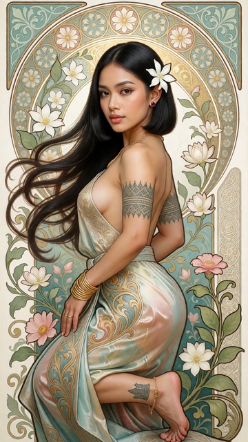 Illustration Art nouveau dans l’esprit d’Alfons Mucha : une femme élégante, représentée de profil dans une pose soupl…