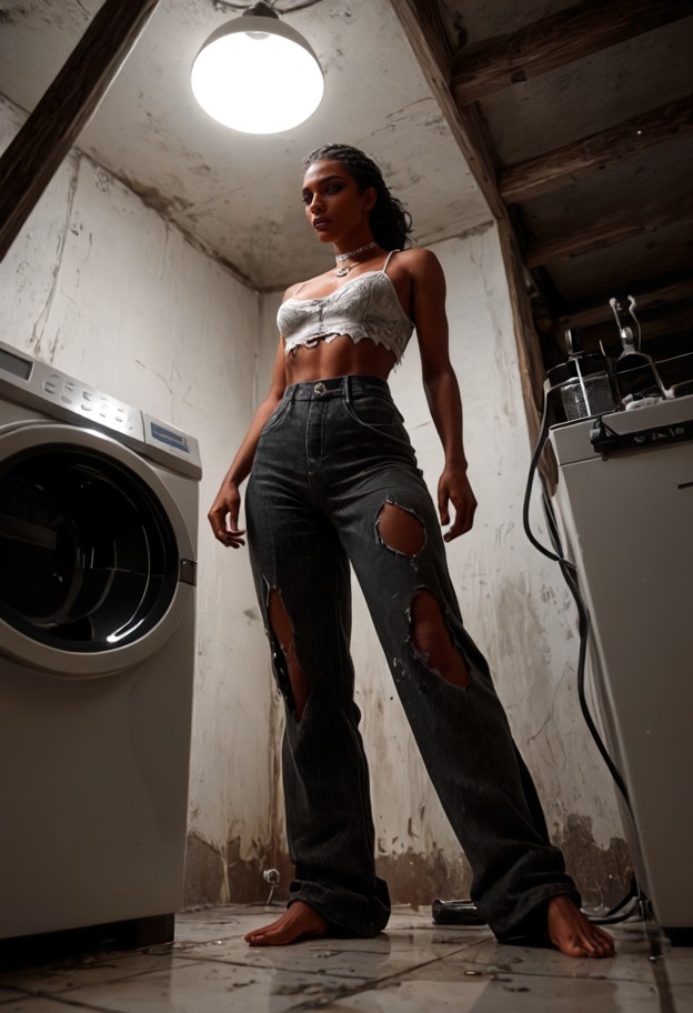 1girl,solo,florentina,arching body,gasping,trembling expression,silk blouse,torn cotton trousers,basement,concrete fl…