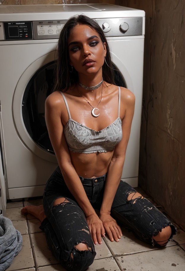 1girl,solo,sitting on washing machine,crying,sobbing,distressed expression,silk blouse,torn trousers,basement,concret…