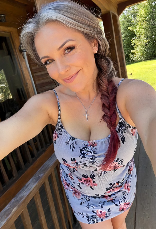 she is leaning forward on a wooden porch,floral sundress,yard background,selfie closeup,camera angle,natural lighting