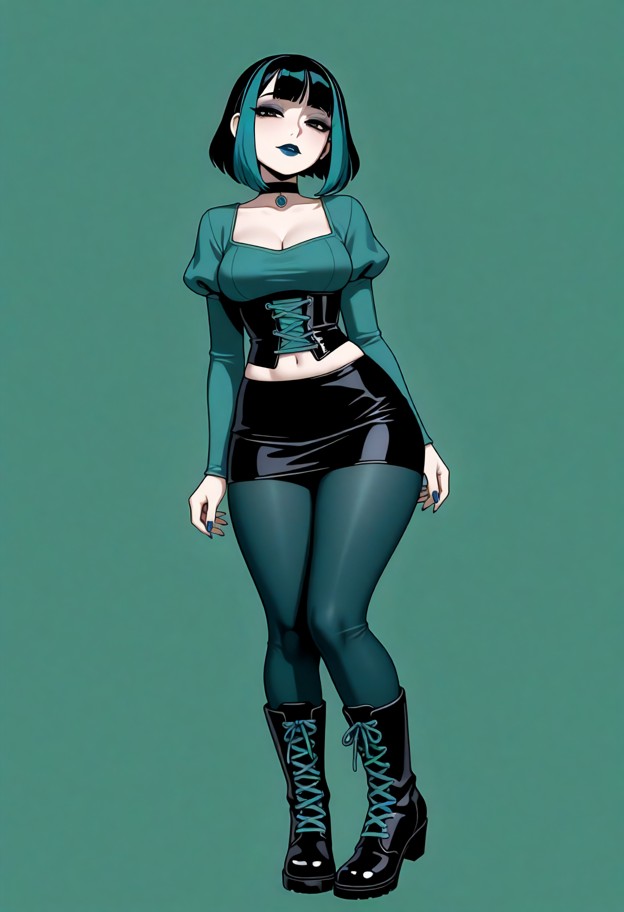 gwen from total drama island,she features pale skin,droopy heavy-lidded eyes,dark teal-blue lipstick,and a choppy,chi…