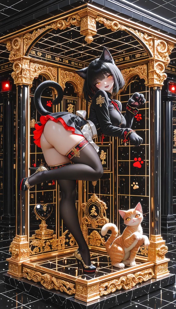 masterpiece,best quality,anime style,adult catgirl,solo,full body,vertical,centered,pale skin,voluptuous hourglass,hu…