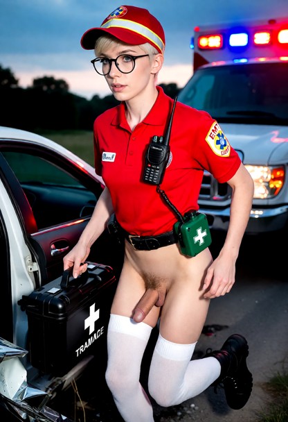 wearing black tactical boots, white thigh high socks. Hes tiny penis in erection with pubic hair exposed. He has a bl…