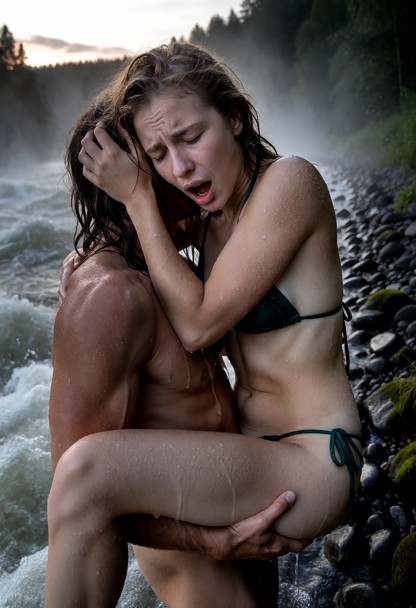 Location: dusk by the roaring riverbank with wet, dark stones and moss, where the dim, fading natural light is obscur…