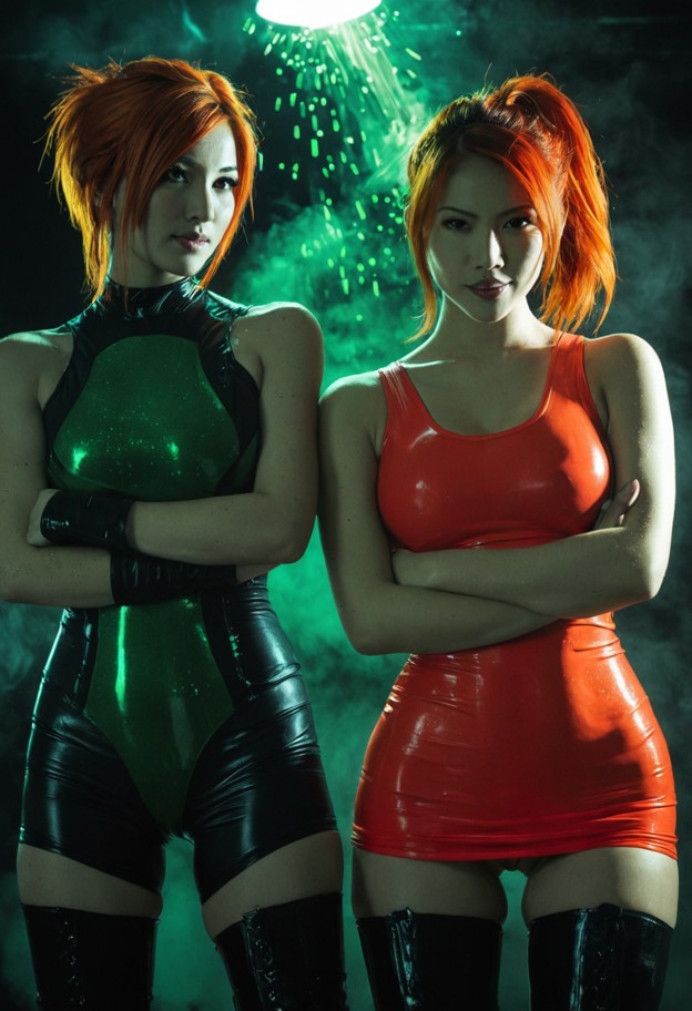 (vicky
 20yo:1.4) in foreground,devious smirk,(spraying green sparkling 
mist:1.3) towards the camera,wearing tight g…