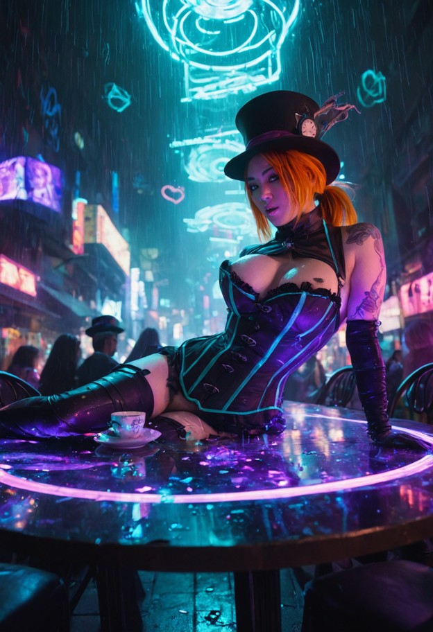 (vertical
 composition:1.3),deep depth of field,looking down the length of a 
long narrow table,(cyberpunk mad hatter…