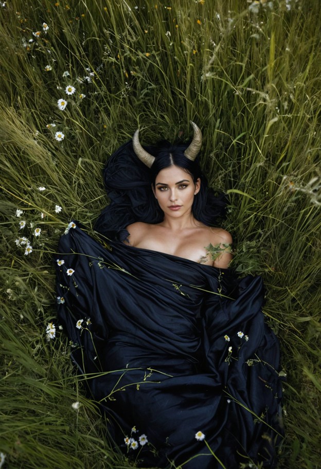 an overhead shot of a woman partially veiled in layers of fine silk,lying amidst tall grass and wildflowers. the fabr…