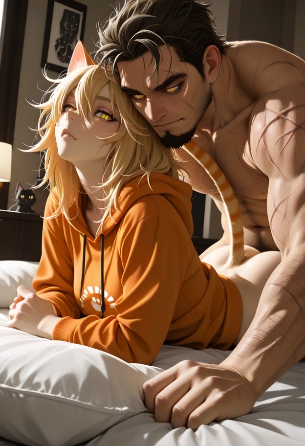 (neko blonde cat-girl:1.4),(cat girl has scars:1.4),(tall rugged man,short brown hair and goatee),(man has no scars:1…