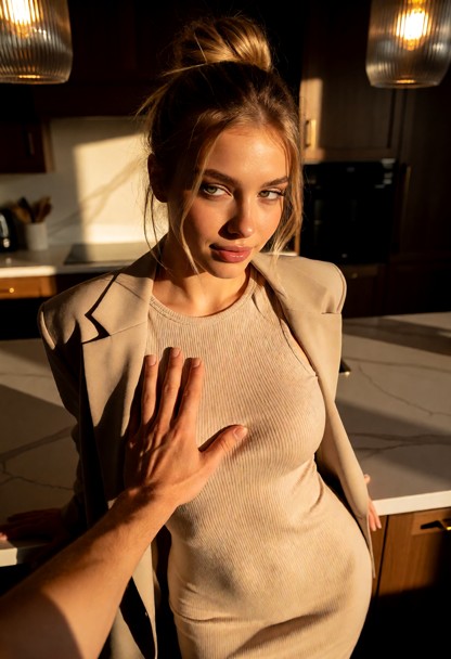 Location: dimly lit kitchen in the late evening, warm amber light from overhead fixtures casting soft glows on the ma…