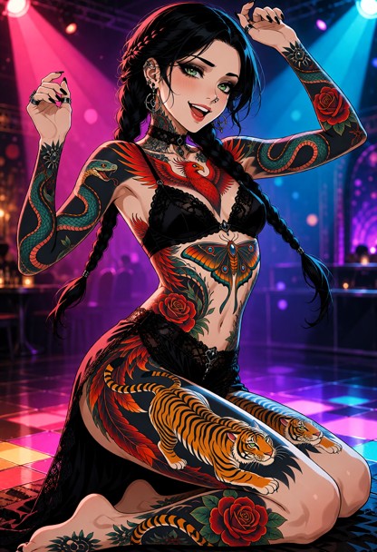 Woman dances with both arms raised while swaying her hips from side to side., Woman is styled in gothic fashion with …