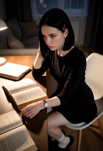 Location: a dimly lit living room at night, where the soft glow from a desk lamp casts long, sharp shadows across the…