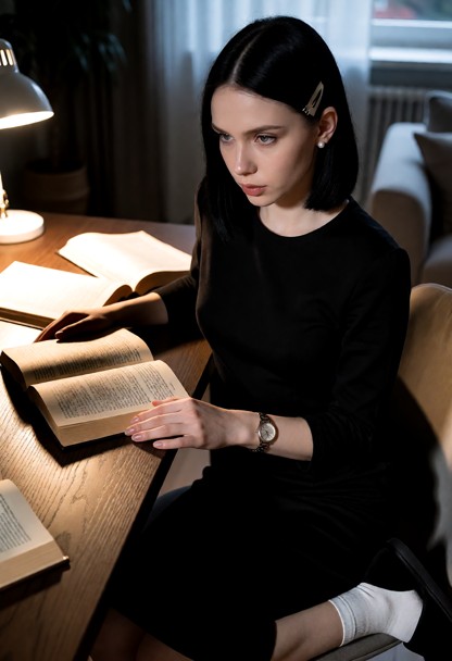 Location: a dimly lit living room at night, where the soft glow from a desk lamp casts long, sharp shadows across the…