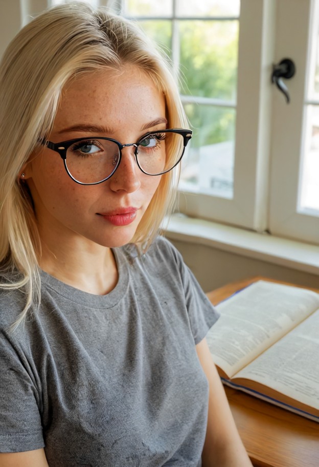 she is,about to kiss,close up,forming lips,facing viewer,oversized grey cotton t-shirt,black rimmed glasses,bright ki…