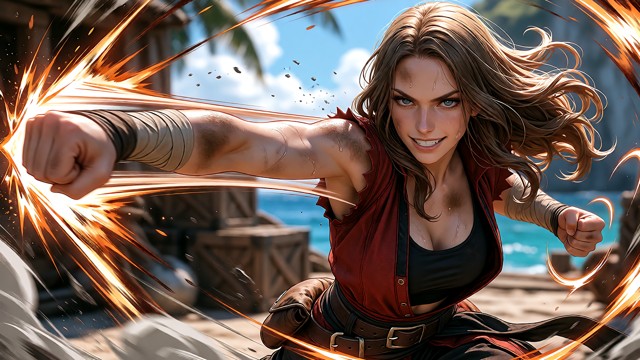 Ultra-realistic 16:9 action frame of a energetic young woman delivering a powerful stretched-out punch with exaggerat…