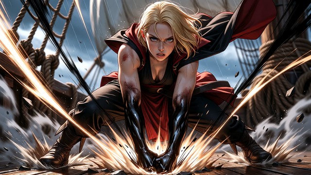 Highly detailed 16:9 dynamic action shot of a woman slamming a blackened fist downward with full force. Short messy h…