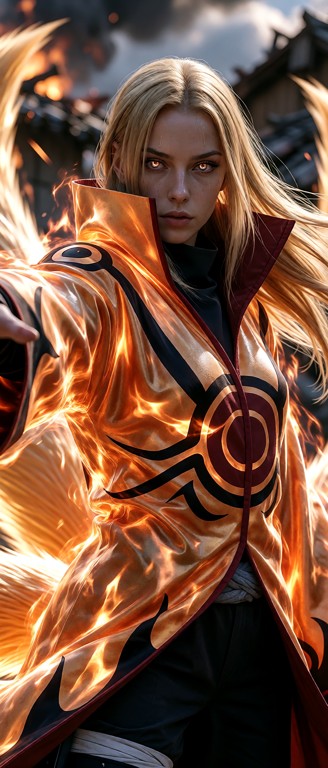 Highly detailed 9:21 powerful stance of a woman enveloped in the iconic Nine-Tails chakra cloak, one arm extended for…