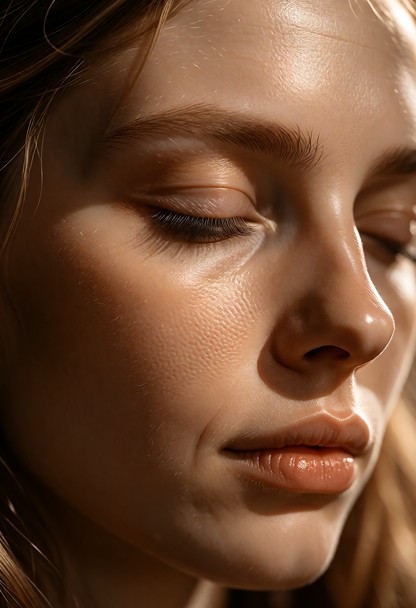 An extreme macro photorealistic fine art portrait of an artistic nude female model in rich warm sepia tones. Peaceful…