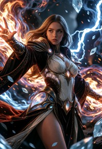 cinematic fantasy action video bringing the image to life. The elemental sorceress in her detailed magical armor stan…