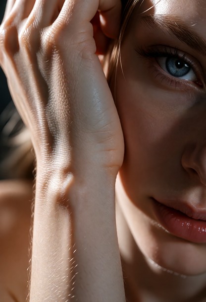 An extreme macro photorealistic fine art portrait of an artistic nude female model, raw photography style. Hyper-focu…