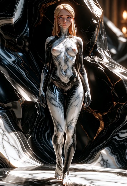 A hyperrealistic vertical full-body portrait of a woman completely transformed into a seamless black-and-white marble…