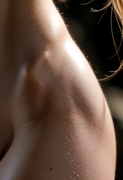An extreme macro photorealistic fine art portrait of an artistic nude female model, faceless, head completely out of …