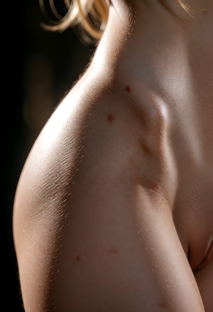 An extreme macro photorealistic fine art portrait of an artistic nude female model, faceless, head completely out of …