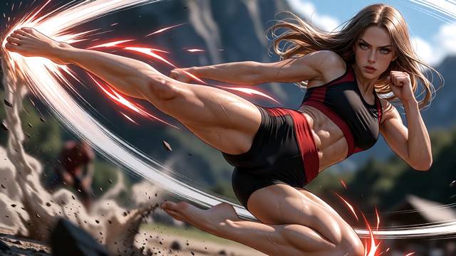 Ultra-realistic 16:9 dynamic action shot of a woman mid-air performing a flying side kick, body fully extended. Long …