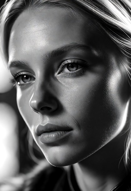 An extreme macro photorealistic fine art portrait of an artistic nude female model in pure black and white, high-cont…