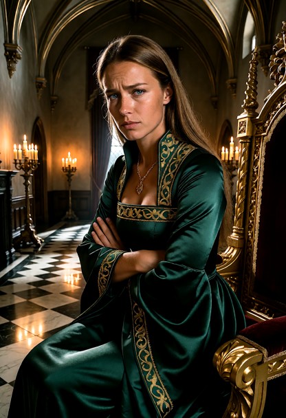 Location: a grand, dimly lit throne room with high vaulted ceilings, ornate gold accents, and flickering candlelight …