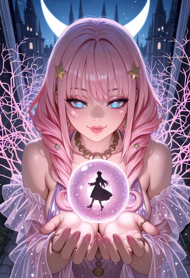 anime-style,dynamic close-up of one girl in an outdoor flowery garden at night,tall cathedral in the background. dyna…