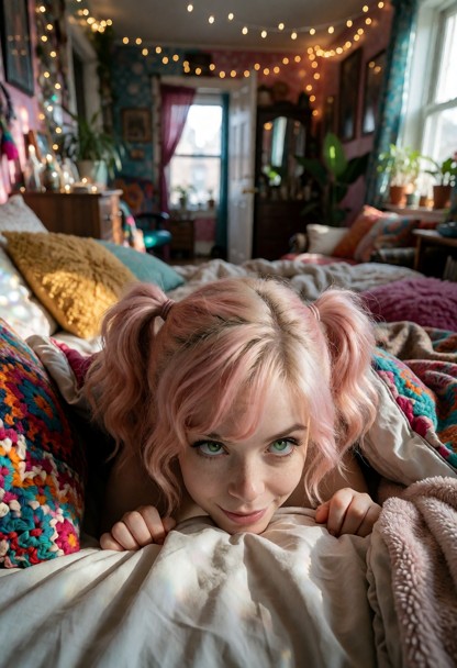 Location: a cozy, eclectic apartment filled with scattered colorful cushions and warm fairy lights draped across the …