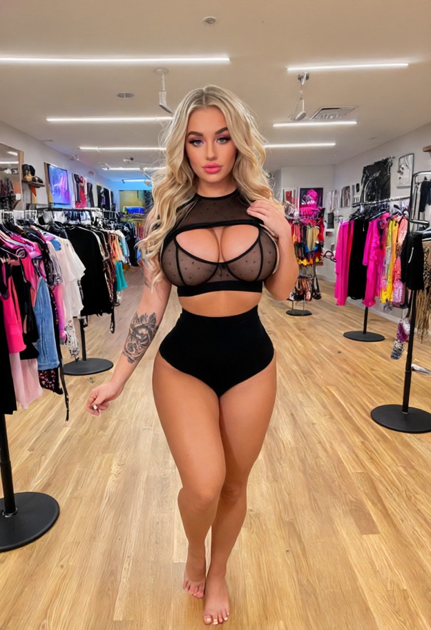 shayla is spinning in the middle of a clothing boutique,black mesh top,black bralette,black bandage mini dress,bare,c…