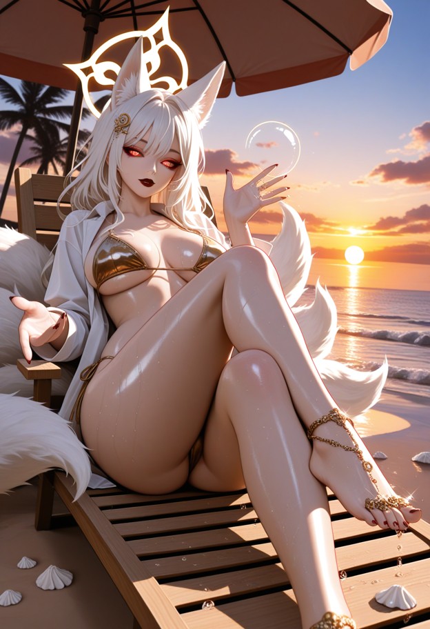ultra-detailed anime illustration,male pov perspective from a reclining wooden beach lounge chair under a straw beach…