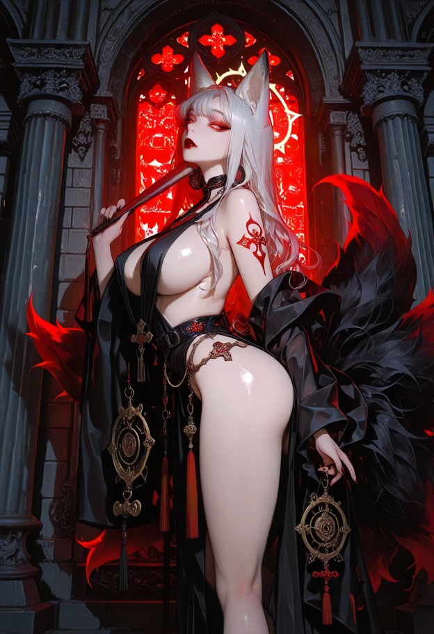 she is stands at the head of the chamber holding a glowing luxurious folding fan decorated with chains,ace choker,cer…