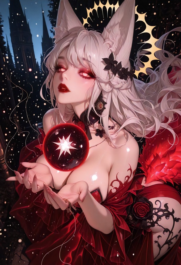 anime-style,dynamic close-up of one girl in an outdoor flowery garden at night,tall cathedral in the background. dyna…