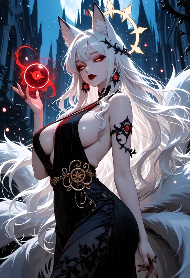anime-style,dynamic close-up of one girl in an outdoor flowery garden at night,tall cathedral in the background. dyna…
